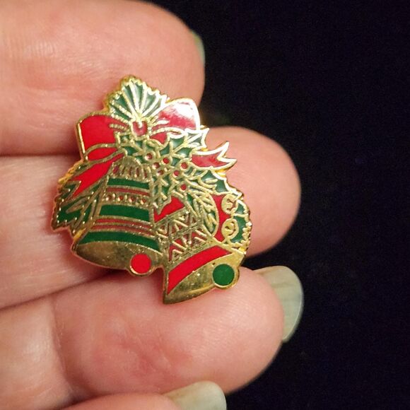 Set of 5 Christmas Cluster Pins Tree Poinsettia Bells Brooch Metallics Vintage - Picture 11 of 12